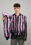 Vertical stripe varsity jacket pink black reversible bomber