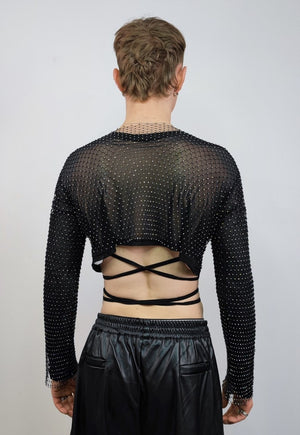 Netted mesh top diamante transparent glitter t-shirt black