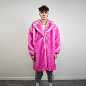 Pink fur coat neon long trench fluorescent psychedelic overcoat heavy rave bomber festival geometric jacket custom going out bright peacoat