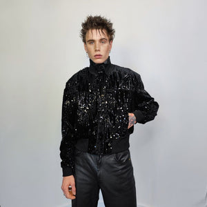 Sequin bomber jacket embellished varsity jacket gloss glitter party bomber high fashion cropped blazer beaded shiny coat in black