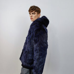 Hooded shaggy faux fur coat luxury fuzzy bomber luminous raver puffer fluffy fleece long hair going out trench burning man overcoat blue