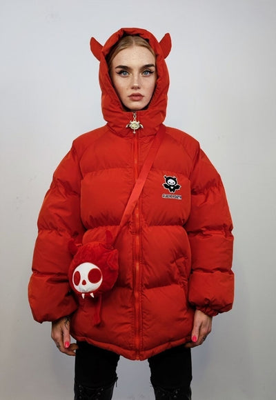 Devil horn jacket grunge puffer retro Anime bomber in red