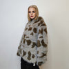 Faux fur cow coat fluffy cowhide trench jacket short shaggy animal print bomber festival varsity party fleece peacoat catwalk duffle brown