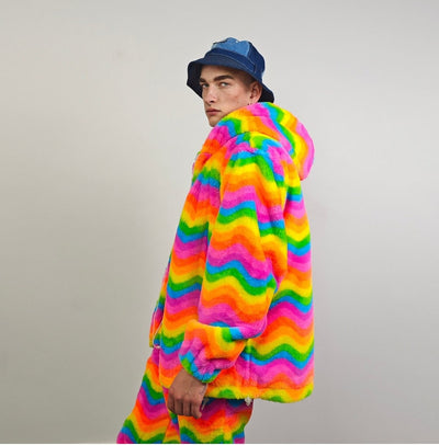 Rainbow fleece jacket psychedelic hood festival glitch rave bomber unicorn carnival overcoat LGBT jumper gay pride pullover burning man top