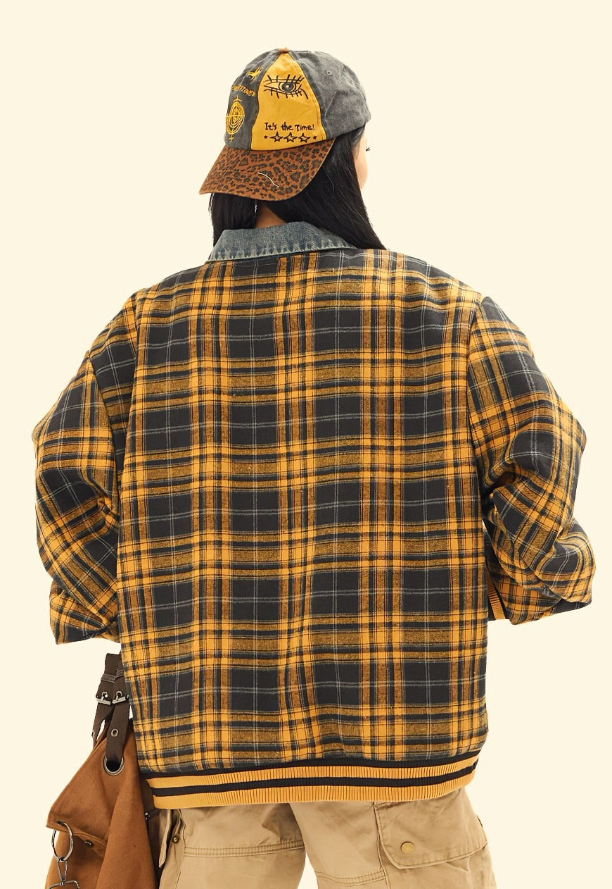 Retro plaid jacket woollen checked bomber in yellow