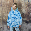 Tie-dye fleece jacket handmade pastel faux fur coat rave jacket premium fluffy 2 in 1 hooded festival bomber detachable puffer in sky blue