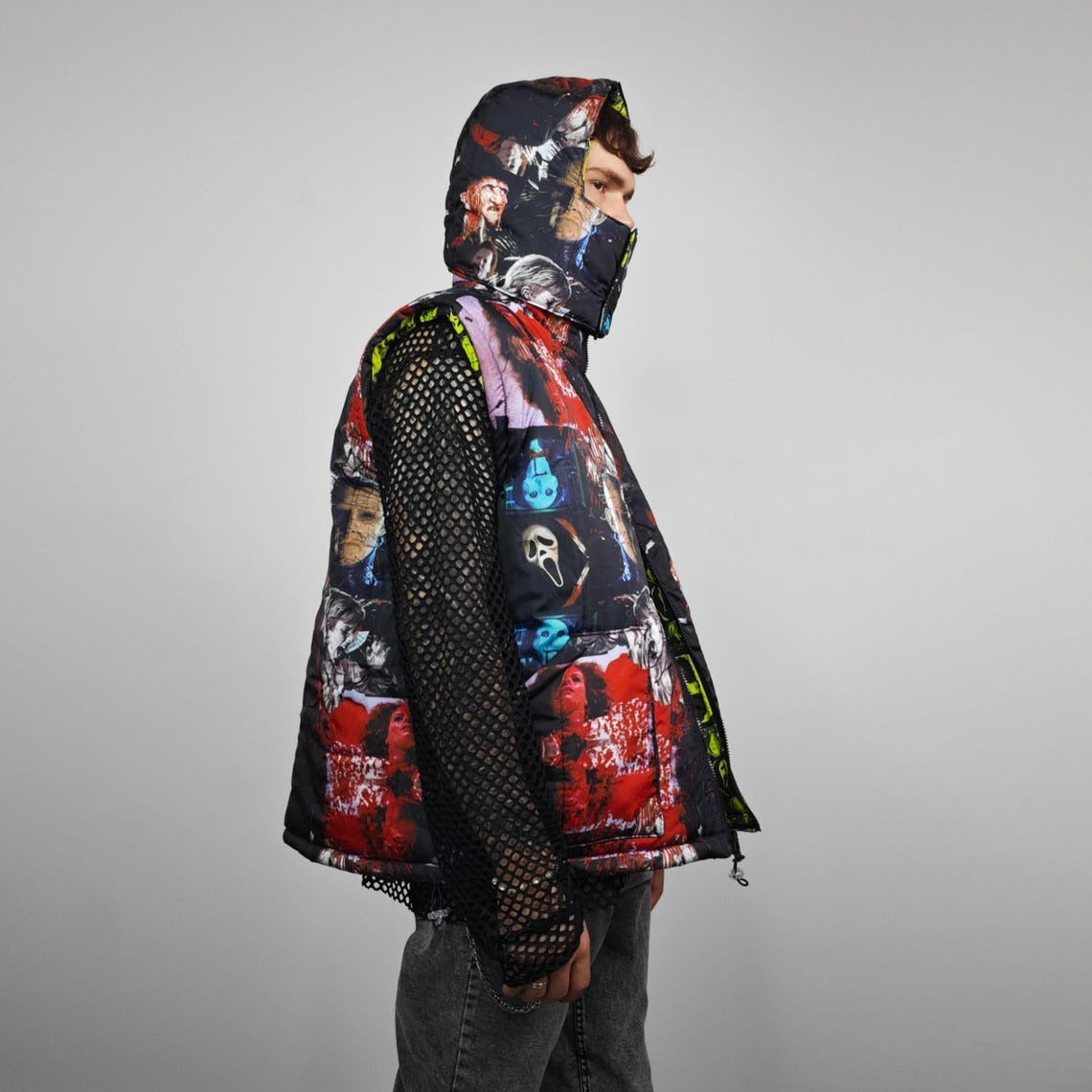 Horror fan jacket creepy print bomber green reversible punk college varsity detachable sleeves handmade gothic puffer hooded festival coat