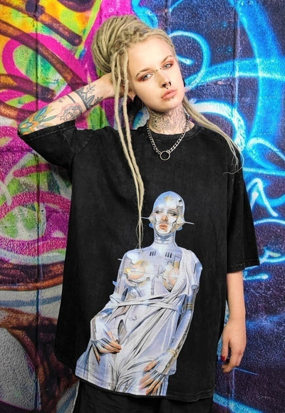 Robot t-shirt Ex machina print tee punk Alien top acid black