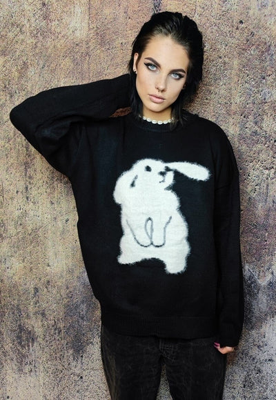 Retro patch sweater sheep jumper fluffy bunny top in black