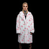 Cow print long coat hooded spot trench fluffy rave bomber detachable fleece festival removable sleeves burning man jacket pastel pink