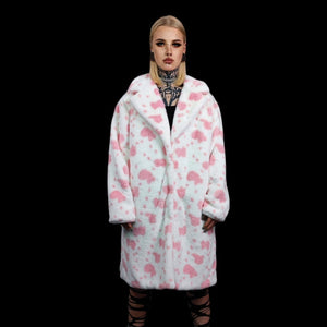 Cow print long coat hooded spot trench fluffy rave bomber detachable fleece festival removable sleeves burning man jacket pastel pink