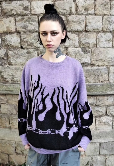 Flame knitted sweater purple fire box fit knitwear jumper