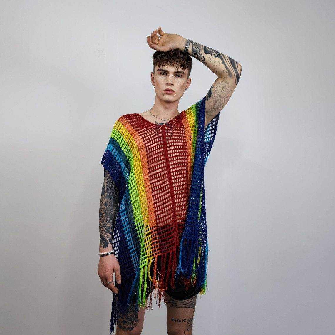 Rainbow mesh top Gay pride sweater rave poncho transparent jumper LGBT see-through blouse carnival sweatshirt crochet t-shirt in multi