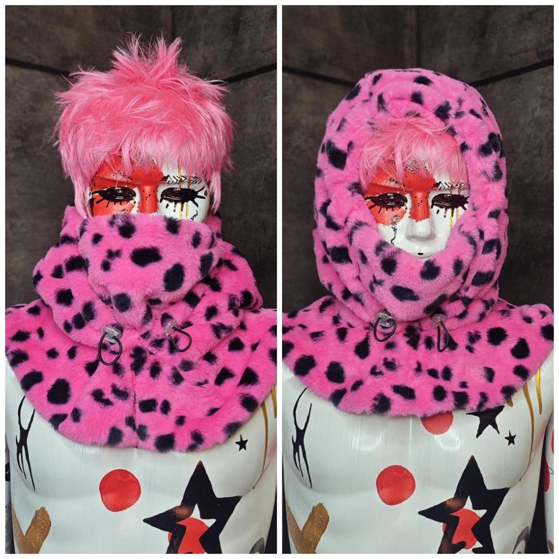 Faux fur hood pink striped snood handmade hooded hat raver cap all over fluffy fleece scarf unisex bucket grunge winter festival headwear