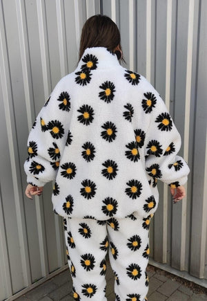 Daisy print fleece jacket handmade sunflower bomber in white