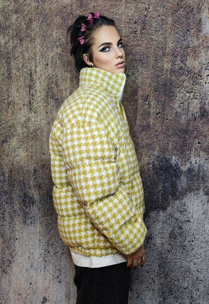 Dog-tooth jacket preppy bomber retro check coat in yellow