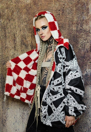 Check fleece hood jacket handmade fluffy chess bomber in red