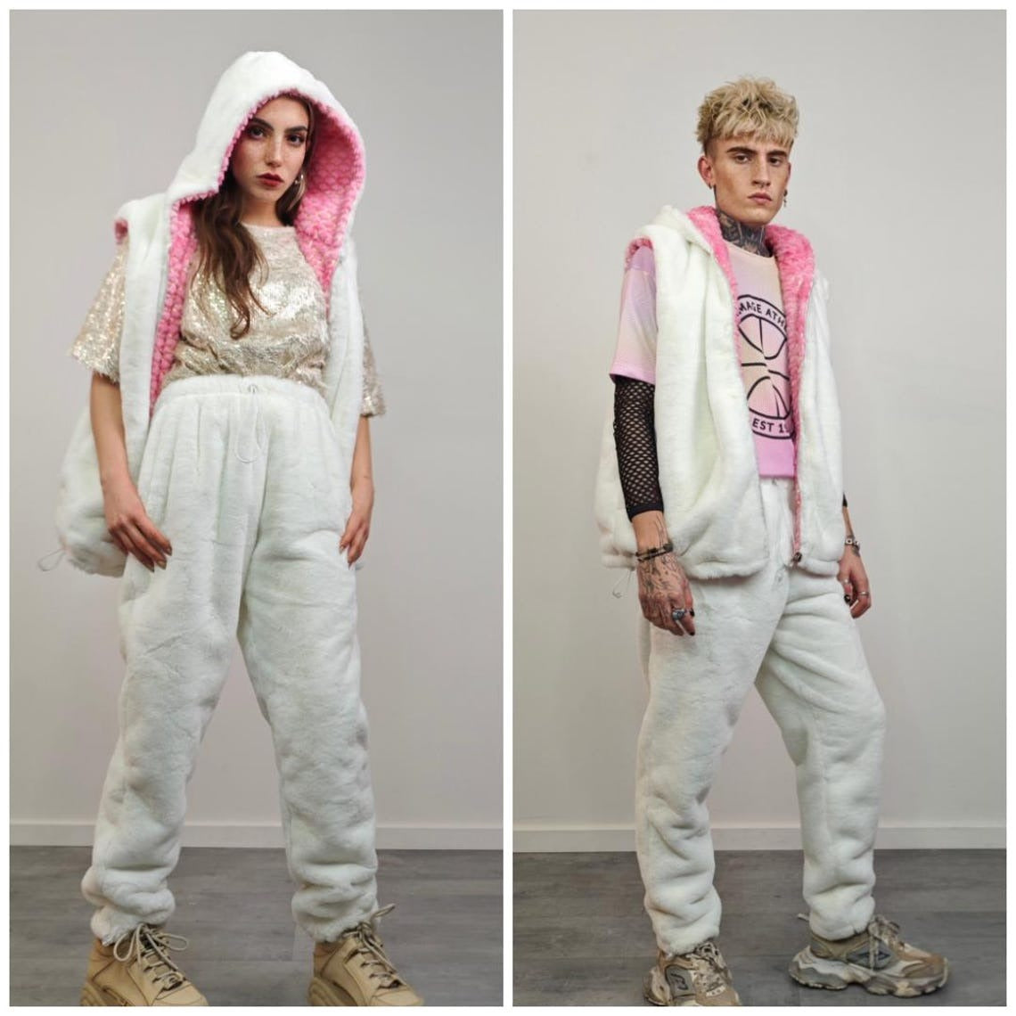 Pink faux fur joggers ski pants fleece trousers retro rave overalls fluffy bottoms festival set burning man outfit winter hotpants