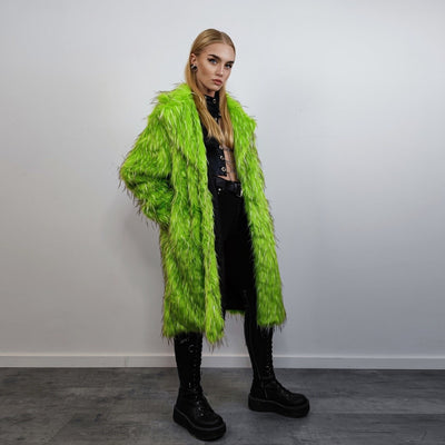 Shaggy faux fur longline coat neon trench bright raver bomber fluffy winter fleece luminous festival jacket burning man fuzzy coat in green