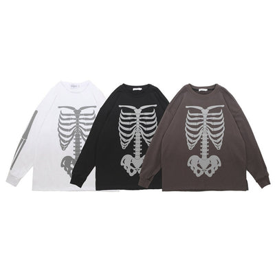 Rib bones t-shirt reflective skeleton sweatshirt thin gothic top luminous skull jumper shiny rave sweater punk pullover rocker tee in black