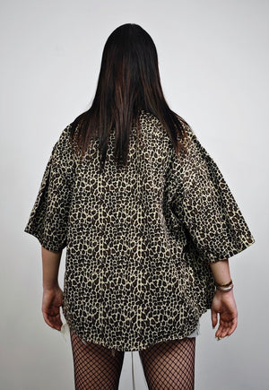 Leopard denim shirt short sleeve animal print jean blouse