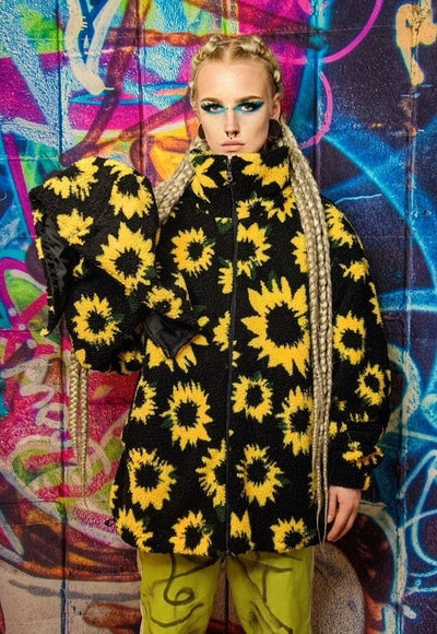 Sunflower fleece hooded jacket handmade floral fluffy coat