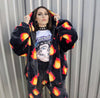 Luxury flame jacket fluffy fire print bomber handmade soft catwalk fleece puffer premium grunge hooded thunder coat in black orange red