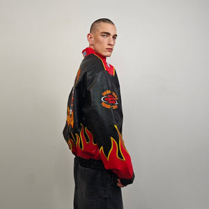 Flame patchwork racing jacket vintage faux leather varsity Japanese style motorsports F1 bomber burning fire embroidered formula one coat