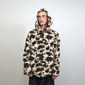 Fleece track jacket cow bomber detachable hood animal print tracksuit brown festival coat furry overcoat spot pattern pullover Dalmatian top