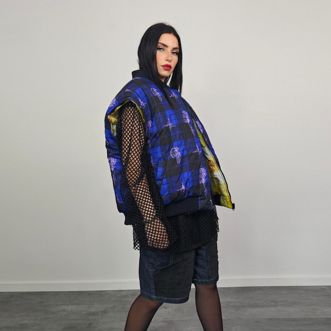 Tribal bomber yellow tattoo print jacket Aztec reversible college varsity detachable sleeves handmade checked puffer grunge plaid punk coat