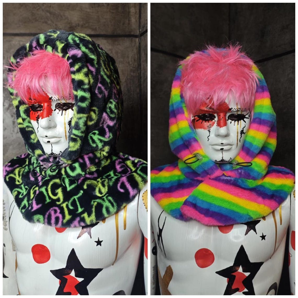 Faux fur hood pink green white snood handmade hooded hat raver cap allover fluffy fleece scarf unisex bucket grunge winter festival headwear