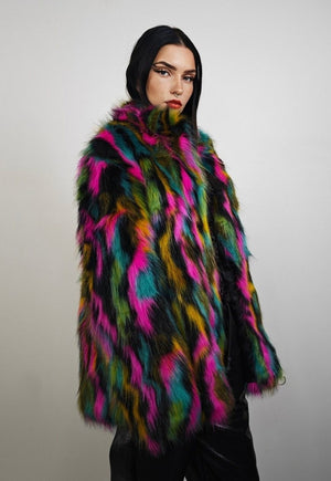 Rainbow faux fur coat parrot fuzzy jacket raised neck trench