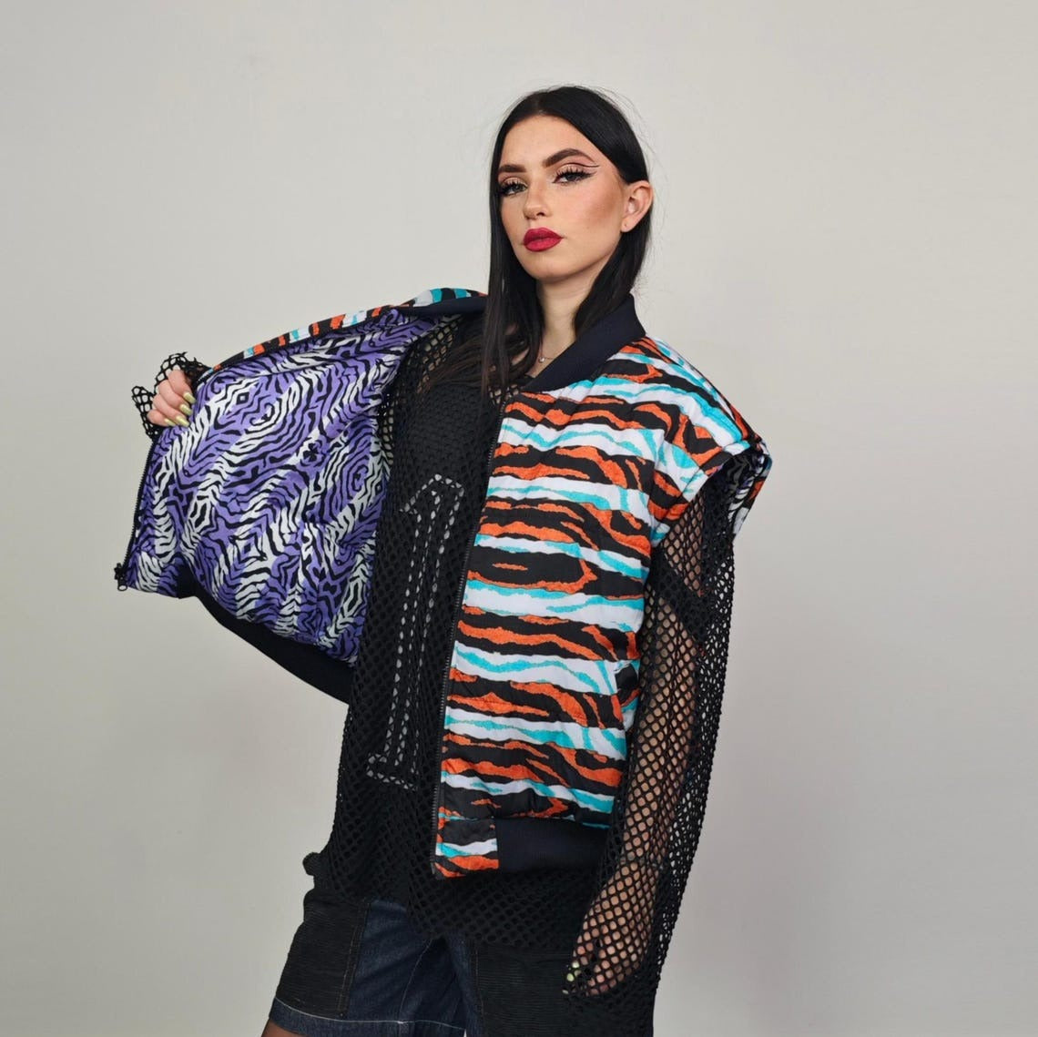 Zebra jacket blue white animal print bomber reversible striped college varsity detachable sleeves handmade rave puffer grunge festival coat