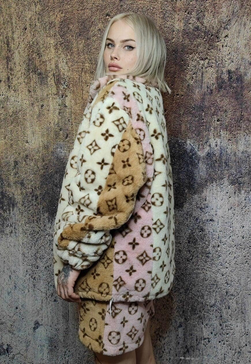 LV fleece jacket reworked faux fur fluffy bomber cream