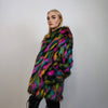 Hooded faux fur striped neon jacket zebra bomber raver puffer fluffy tie-dye fleece festival trench burning man going out overcoat in black