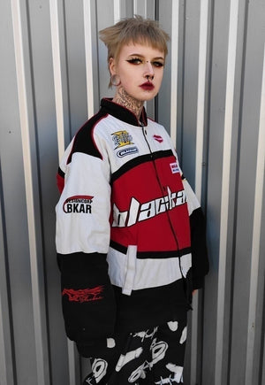 Motorcycle jacket multi patch padded Racer bomber in red