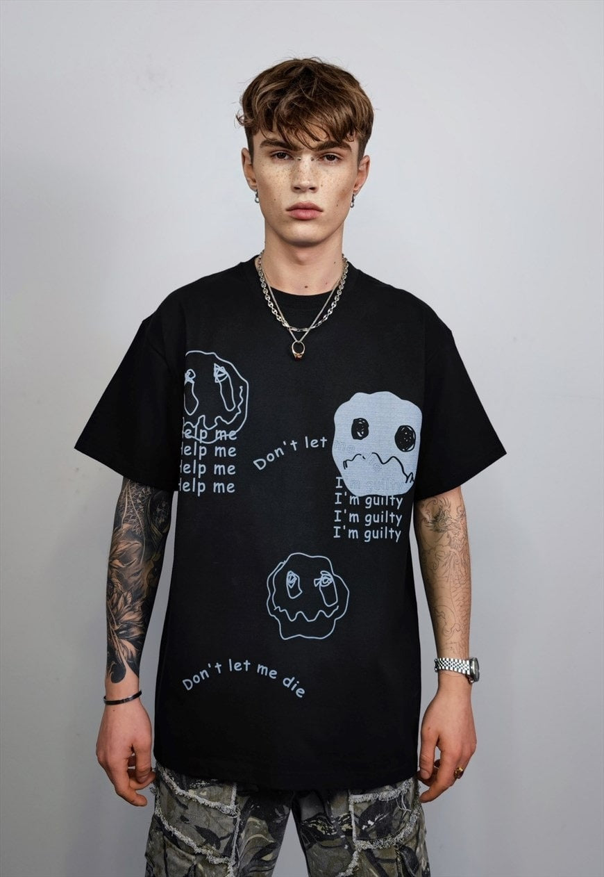 Sad t-shirt emoji print tee scribble graffiti top in black