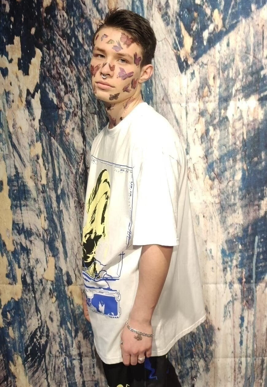 Bondage print tshirt fluorescent girl graphic tee in white