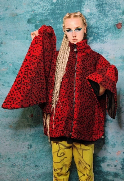 Leopard fleece hooded jacket handmade fluffy animal coat red