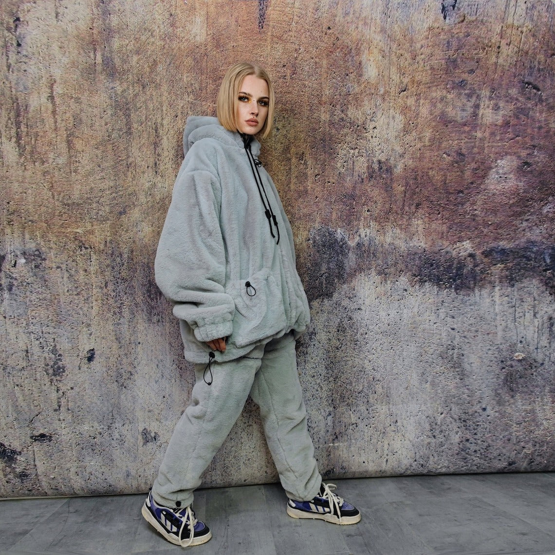 Grey soft fleece joggers luminous detachable pants handmade shiny faux fur raver shorts premium festival overalls in electric light gray