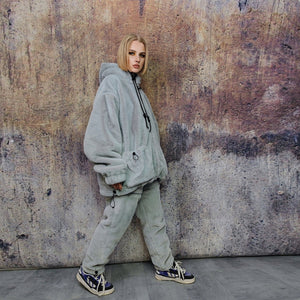 Grey soft fleece joggers luminous detachable pants handmade shiny faux fur raver shorts premium festival overalls in electric light gray