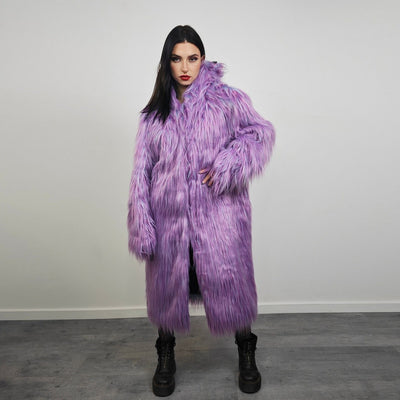 Shaggy purple haze coat hooded lilac jacket Eras tour inspired overcoat long hair fluffy trench neon Lavender bomber raver fleece in violet