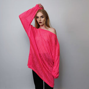 Deep V-neck sheer top revealing transparent sweatshirt cut out neck long sleeve see-through t-shirt rocker jumper edgy baggy tee in pink