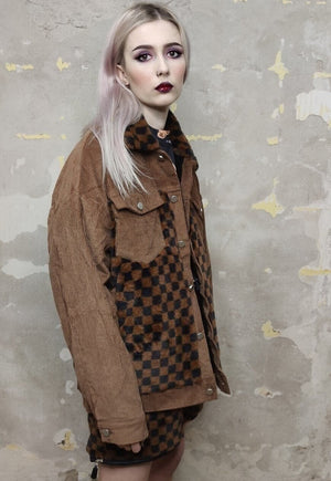 Reworked velvet jacket SKA check fleece patch bomber brown