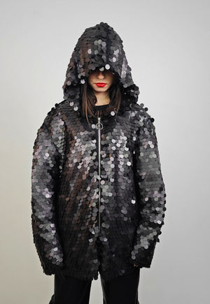 Black sequin jacket hooded shiny mermaid bomber holographic