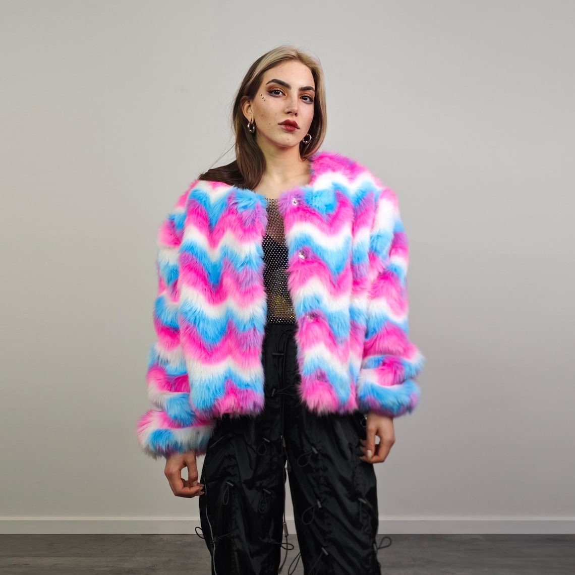 Rainbow faux fur coat short striped collarless jacket unicorn trench fluffy detachable sleeves handmade festival overcoat burning man fleece
