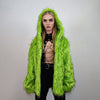 Hooded shaggy faux fur jacket neon bomber bright raver coat fluffy winter fleece luminous festival overcoat burning man fuzzy trench green