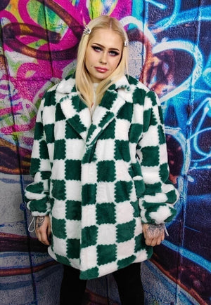 Check fleece jacket handmade 2 in 1 fluffy chess coat green