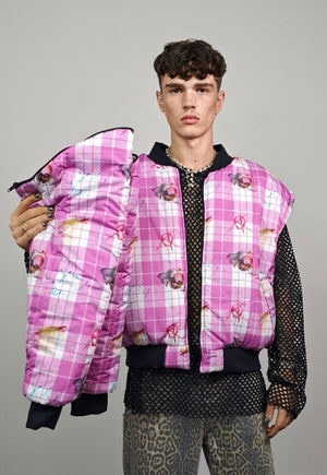 Punk varsity jacket pink plaid check reversible rave bomber