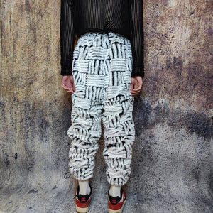 Faux fur joggers luxury detachable pants handmade stripe pattern shorts fluffy check premium overalls in beige black